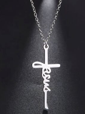 Silver Jesus Script Cross Pendant Necklace - Women's Jewelry